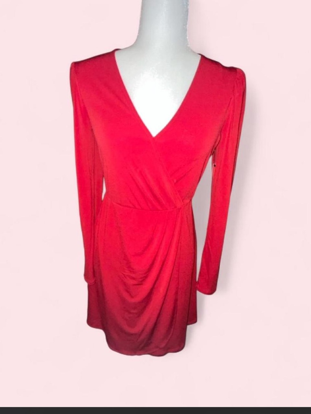 Nine West Red V-Neck Long-Sleeve Mini Wrap Dress